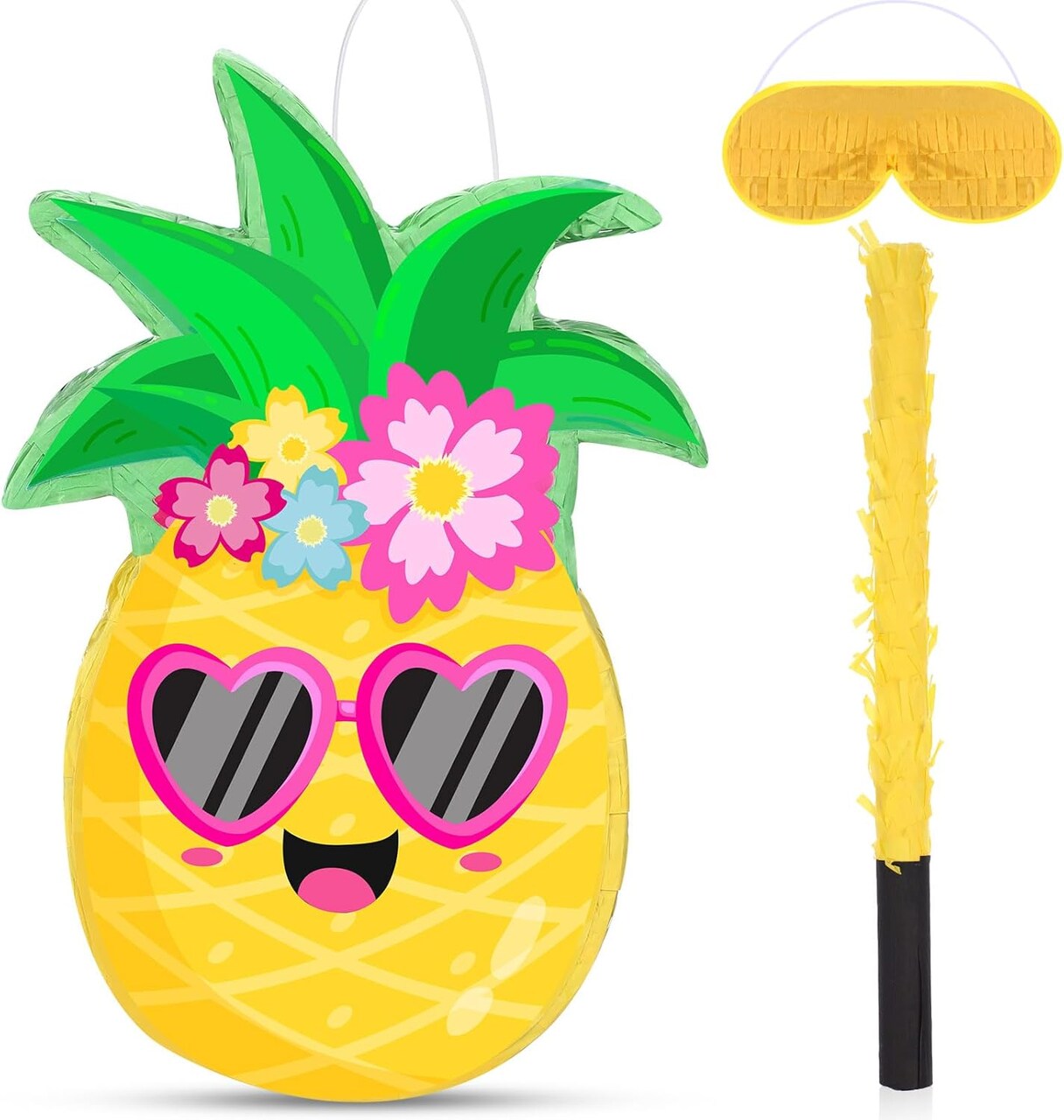 Small Pineapple Piñata Summer Fruit Piñata with Blindfold Bat for Hawaiian Tropical Luau Party Supplies